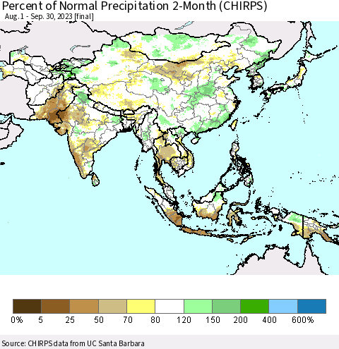 Asia Percent of Normal Precipitation 2-Month (CHIRPS) Thematic Map For 8/1/2023 - 9/30/2023