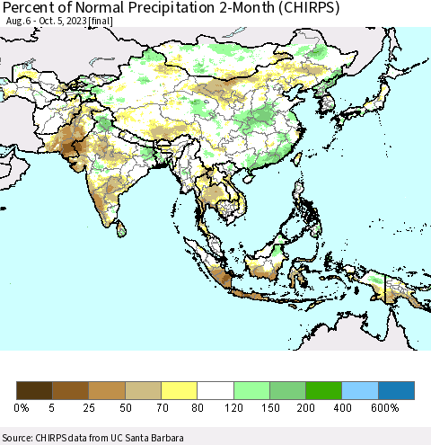 Asia Percent of Normal Precipitation 2-Month (CHIRPS) Thematic Map For 8/6/2023 - 10/5/2023