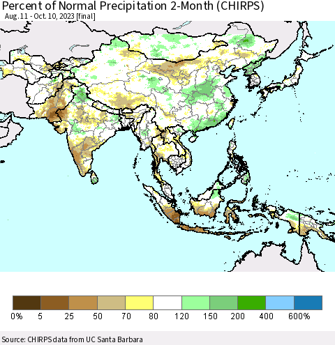 Asia Percent of Normal Precipitation 2-Month (CHIRPS) Thematic Map For 8/11/2023 - 10/10/2023