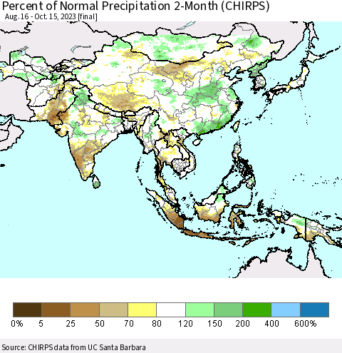 Asia Percent of Normal Precipitation 2-Month (CHIRPS) Thematic Map For 8/16/2023 - 10/15/2023