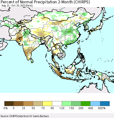 Asia Percent of Normal Precipitation 2-Month (CHIRPS) Thematic Map For 8/21/2023 - 10/20/2023