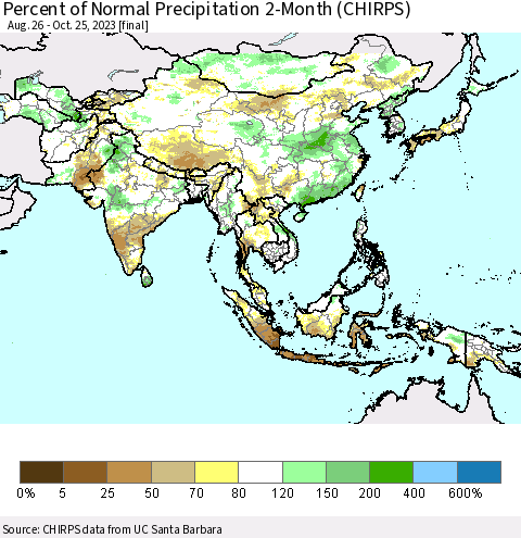 Asia Percent of Normal Precipitation 2-Month (CHIRPS) Thematic Map For 8/26/2023 - 10/25/2023
