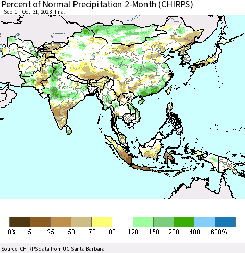 Asia Percent of Normal Precipitation 2-Month (CHIRPS) Thematic Map For 9/1/2023 - 10/31/2023