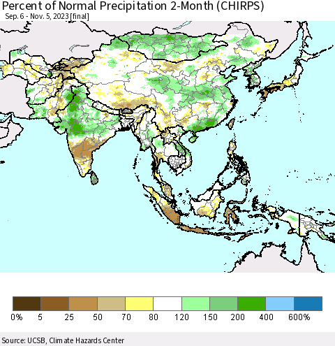 Asia Percent of Normal Precipitation 2-Month (CHIRPS) Thematic Map For 9/6/2023 - 11/5/2023