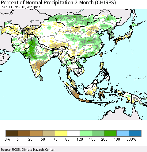 Asia Percent of Normal Precipitation 2-Month (CHIRPS) Thematic Map For 9/11/2023 - 11/10/2023