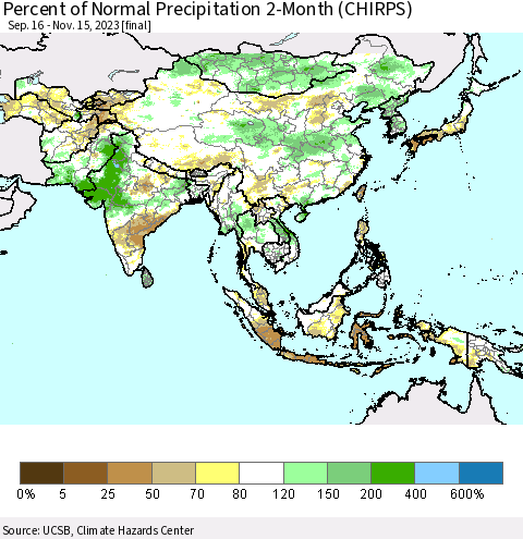 Asia Percent of Normal Precipitation 2-Month (CHIRPS) Thematic Map For 9/16/2023 - 11/15/2023