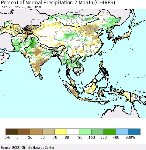 Asia Percent of Normal Precipitation 2-Month (CHIRPS) Thematic Map For 9/26/2023 - 11/25/2023
