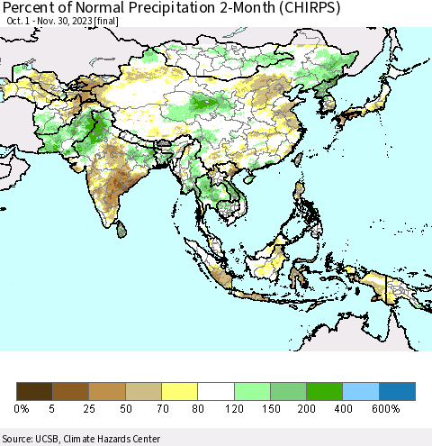 Asia Percent of Normal Precipitation 2-Month (CHIRPS) Thematic Map For 10/1/2023 - 11/30/2023