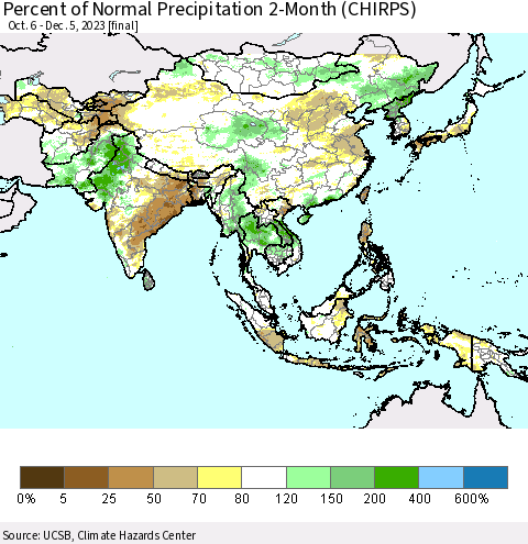 Asia Percent of Normal Precipitation 2-Month (CHIRPS) Thematic Map For 10/6/2023 - 12/5/2023