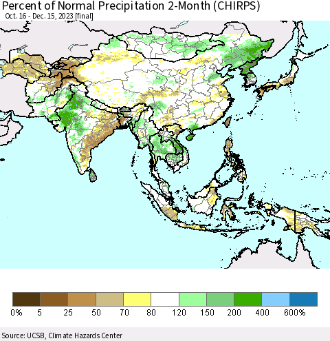 Asia Percent of Normal Precipitation 2-Month (CHIRPS) Thematic Map For 10/16/2023 - 12/15/2023