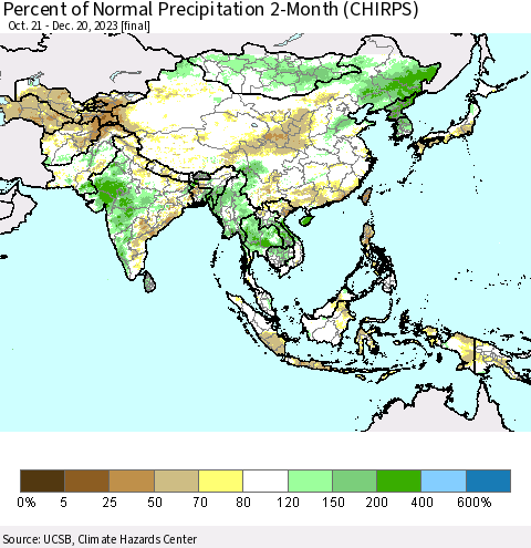 Asia Percent of Normal Precipitation 2-Month (CHIRPS) Thematic Map For 10/21/2023 - 12/20/2023