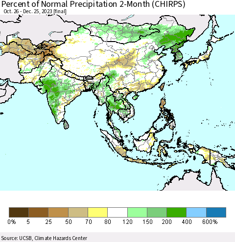 Asia Percent of Normal Precipitation 2-Month (CHIRPS) Thematic Map For 10/26/2023 - 12/25/2023