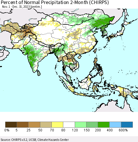 Asia Percent of Normal Precipitation 2-Month (CHIRPS) Thematic Map For 11/1/2023 - 12/31/2023