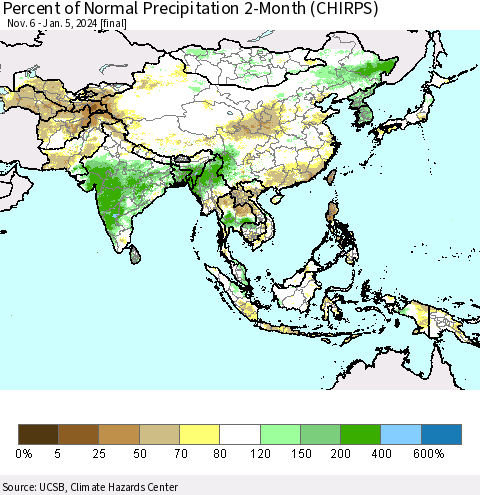 Asia Percent of Normal Precipitation 2-Month (CHIRPS) Thematic Map For 11/6/2023 - 1/5/2024