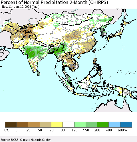 Asia Percent of Normal Precipitation 2-Month (CHIRPS) Thematic Map For 11/11/2023 - 1/10/2024