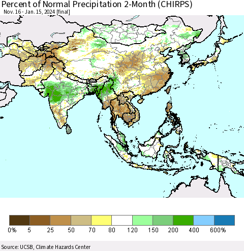 Asia Percent of Normal Precipitation 2-Month (CHIRPS) Thematic Map For 11/16/2023 - 1/15/2024