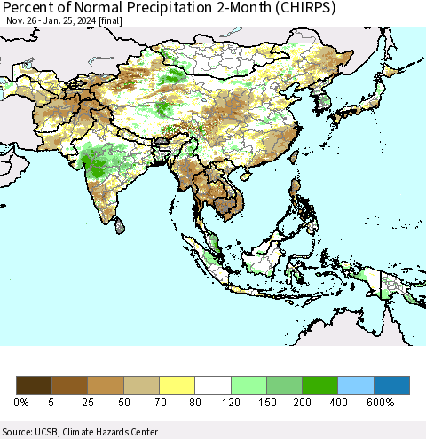 Asia Percent of Normal Precipitation 2-Month (CHIRPS) Thematic Map For 11/26/2023 - 1/25/2024