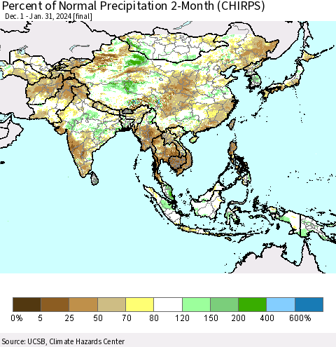 Asia Percent of Normal Precipitation 2-Month (CHIRPS) Thematic Map For 12/1/2023 - 1/31/2024