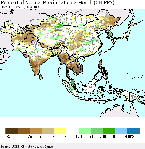 Asia Percent of Normal Precipitation 2-Month (CHIRPS) Thematic Map For 12/11/2023 - 2/10/2024