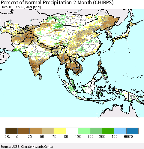 Asia Percent of Normal Precipitation 2-Month (CHIRPS) Thematic Map For 12/16/2023 - 2/15/2024