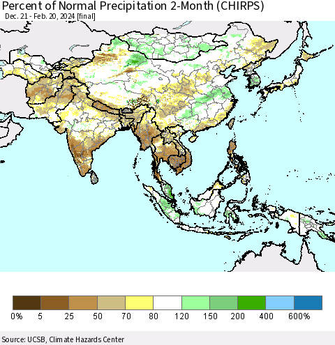 Asia Percent of Normal Precipitation 2-Month (CHIRPS) Thematic Map For 12/21/2023 - 2/20/2024