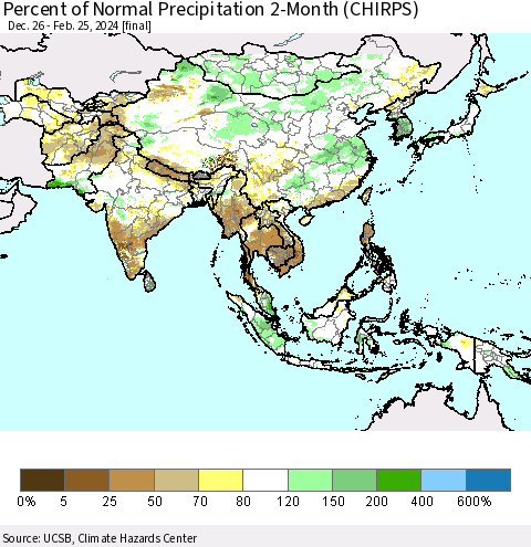 Asia Percent of Normal Precipitation 2-Month (CHIRPS) Thematic Map For 12/26/2023 - 2/25/2024