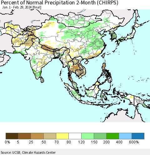 Asia Percent of Normal Precipitation 2-Month (CHIRPS) Thematic Map For 1/1/2024 - 2/29/2024