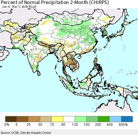 Asia Percent of Normal Precipitation 2-Month (CHIRPS) Thematic Map For 1/6/2024 - 3/5/2024