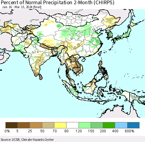 Asia Percent of Normal Precipitation 2-Month (CHIRPS) Thematic Map For 1/16/2024 - 3/15/2024
