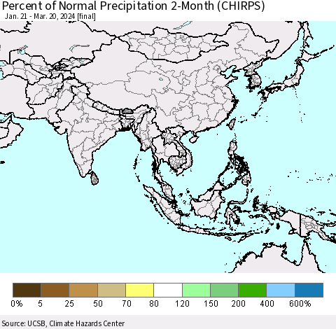 Asia Percent of Normal Precipitation 2-Month (CHIRPS) Thematic Map For 1/21/2024 - 3/20/2024