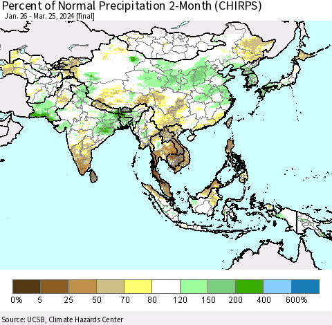 Asia Percent of Normal Precipitation 2-Month (CHIRPS) Thematic Map For 1/26/2024 - 3/25/2024