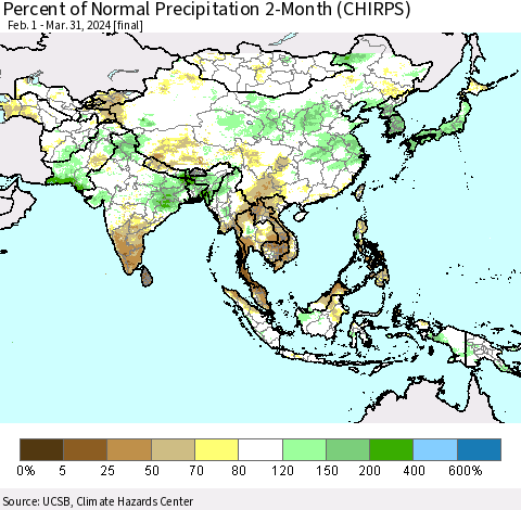Asia Percent of Normal Precipitation 2-Month (CHIRPS) Thematic Map For 2/1/2024 - 3/31/2024