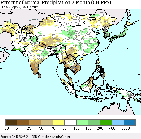 Asia Percent of Normal Precipitation 2-Month (CHIRPS) Thematic Map For 2/6/2024 - 4/5/2024