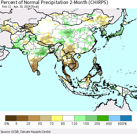 Asia Percent of Normal Precipitation 2-Month (CHIRPS) Thematic Map For 2/11/2024 - 4/10/2024