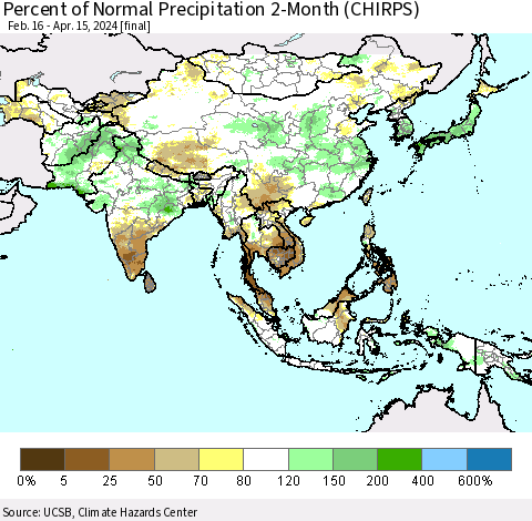 Asia Percent of Normal Precipitation 2-Month (CHIRPS) Thematic Map For 2/16/2024 - 4/15/2024