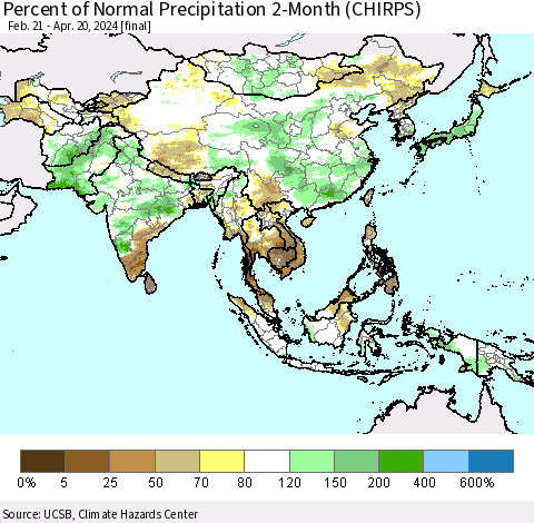 Asia Percent of Normal Precipitation 2-Month (CHIRPS) Thematic Map For 2/21/2024 - 4/20/2024