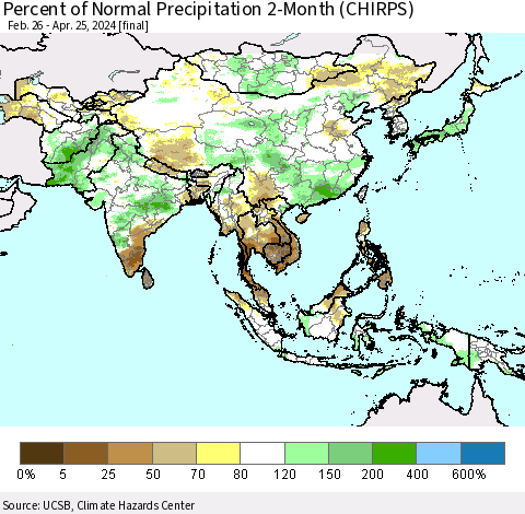 Asia Percent of Normal Precipitation 2-Month (CHIRPS) Thematic Map For 2/26/2024 - 4/25/2024