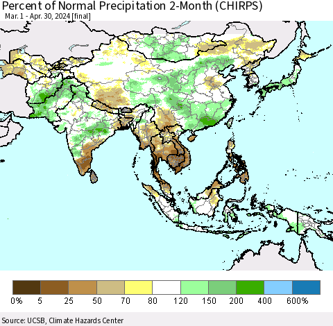 Asia Percent of Normal Precipitation 2-Month (CHIRPS) Thematic Map For 3/1/2024 - 4/30/2024
