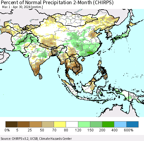 Asia Percent of Normal Precipitation 2-Month (CHIRPS) Thematic Map For 3/1/2024 - 4/30/2024