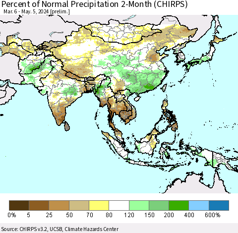Asia Percent of Normal Precipitation 2-Month (CHIRPS) Thematic Map For 3/6/2024 - 5/5/2024