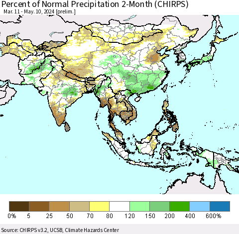 Asia Percent of Normal Precipitation 2-Month (CHIRPS) Thematic Map For 3/11/2024 - 5/10/2024