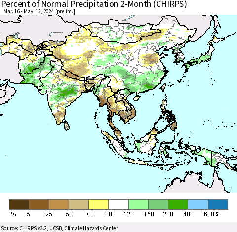 Asia Percent of Normal Precipitation 2-Month (CHIRPS) Thematic Map For 3/16/2024 - 5/15/2024