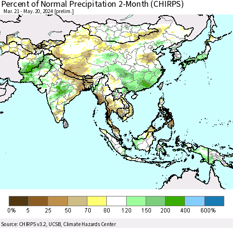 Asia Percent of Normal Precipitation 2-Month (CHIRPS) Thematic Map For 3/21/2024 - 5/20/2024