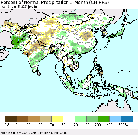 Asia Percent of Normal Precipitation 2-Month (CHIRPS) Thematic Map For 4/6/2024 - 6/5/2024