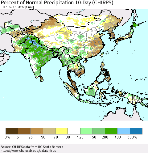 Asia Percent of Normal Precipitation 10-Day (CHIRPS) Thematic Map For 1/6/2022 - 1/15/2022