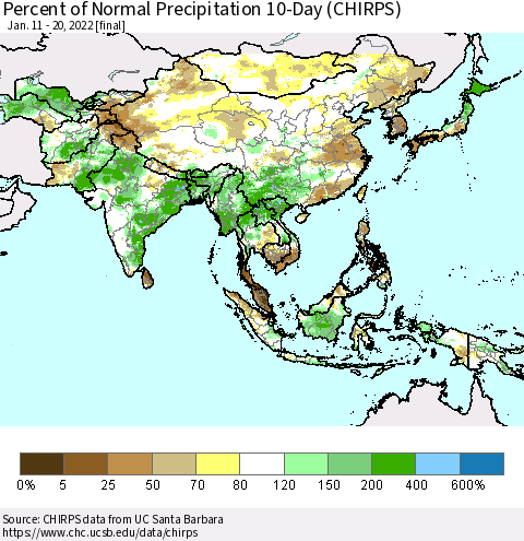 Asia Percent of Normal Precipitation 10-Day (CHIRPS) Thematic Map For 1/11/2022 - 1/20/2022