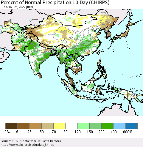 Asia Percent of Normal Precipitation 10-Day (CHIRPS) Thematic Map For 1/16/2022 - 1/25/2022