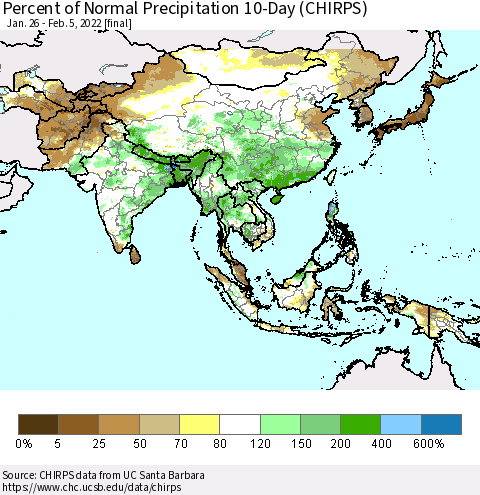 Asia Percent of Normal Precipitation 10-Day (CHIRPS) Thematic Map For 1/26/2022 - 2/5/2022