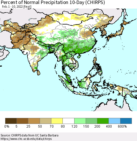 Asia Percent of Normal Precipitation 10-Day (CHIRPS) Thematic Map For 2/1/2022 - 2/10/2022