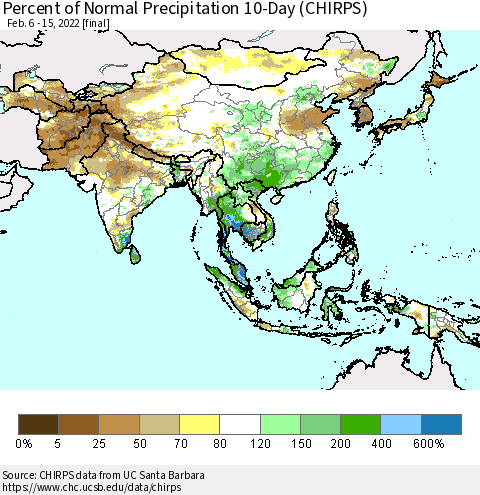 Asia Percent of Normal Precipitation 10-Day (CHIRPS) Thematic Map For 2/6/2022 - 2/15/2022